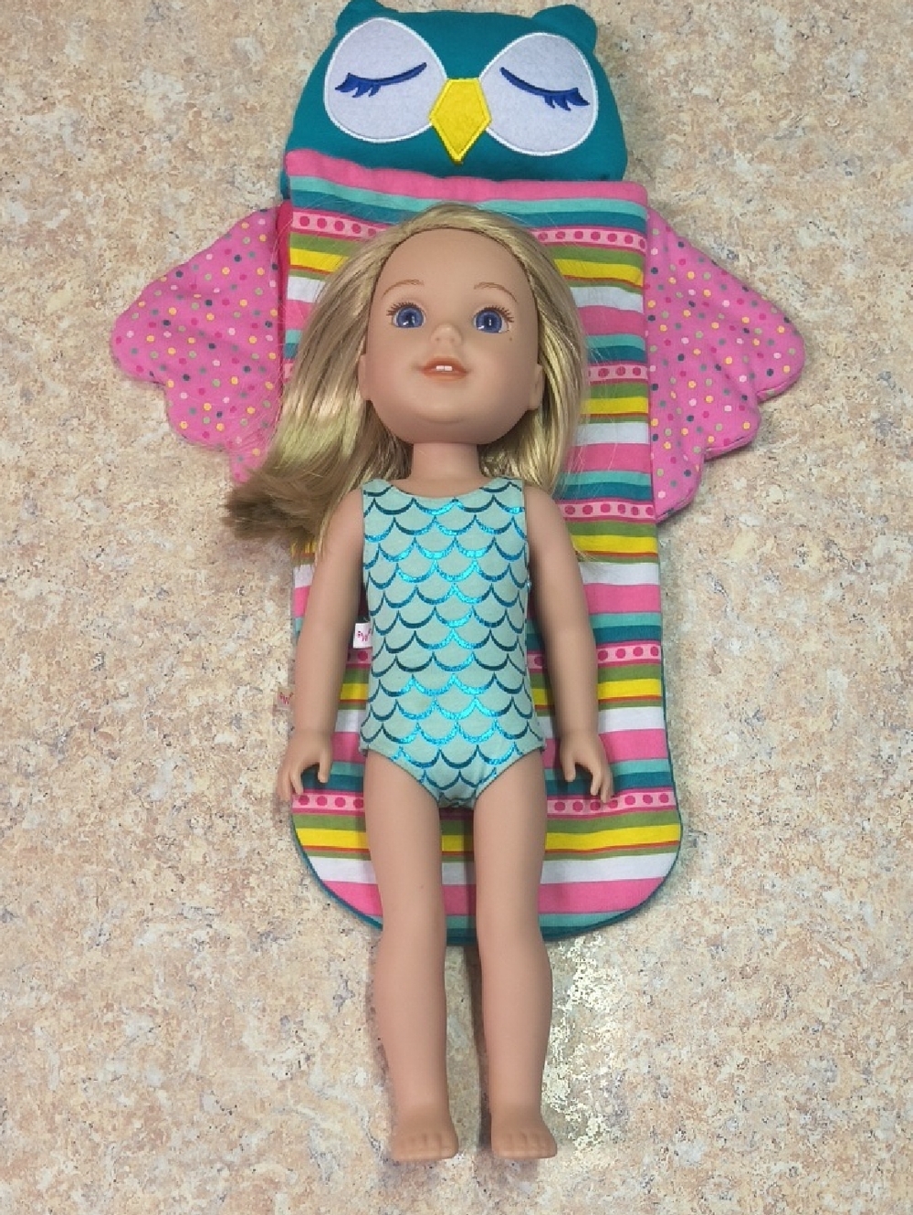 American Girl Welly Wisher Doll With Sleeping Bag GUC.